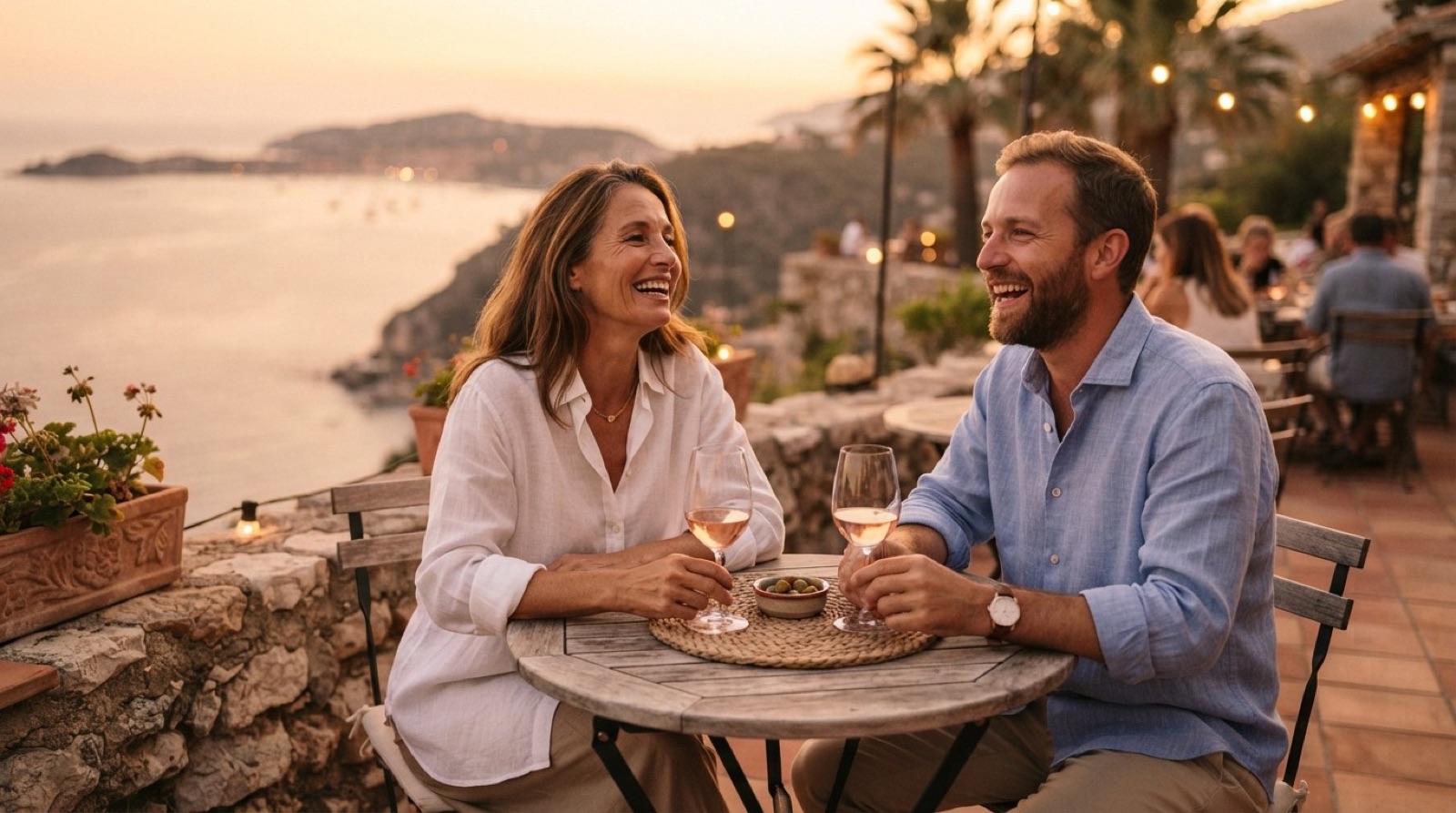 Une femme et un homme plus jeune partagent un verre en terrasse au coucher du soleil, sur la Riviera